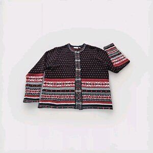Croft & Barrow Cardigan Women L Black Red White Geo Christams Boho Soft Chenille